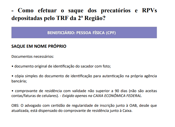 PROCEDIMENTOS PARA CONSULTAS E SAQUES DE RPVS - TRF DA 2ª Região