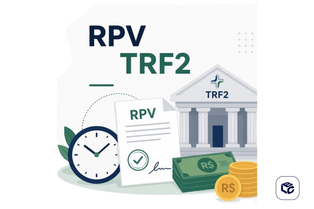 RPV TRF2: documento com carimbo de aprovado, dinheiro e relógio.