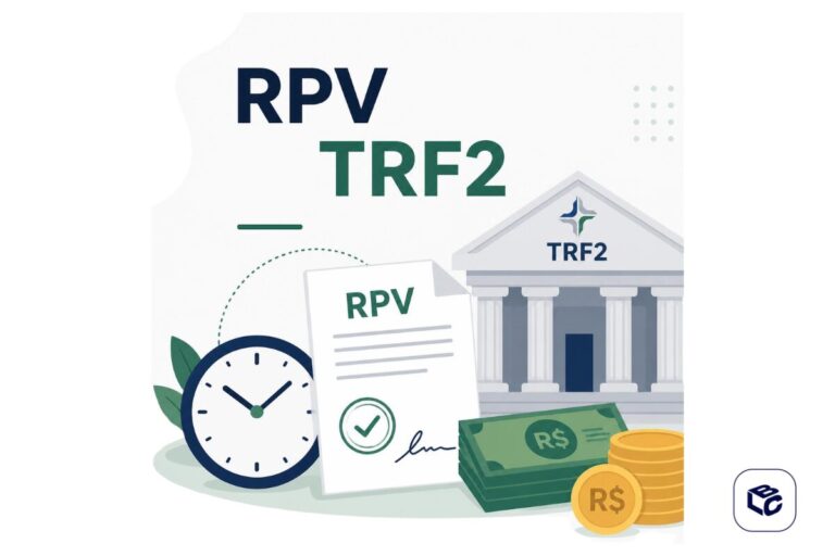 RPV TRF2: documento com carimbo de aprovado, dinheiro e relógio.