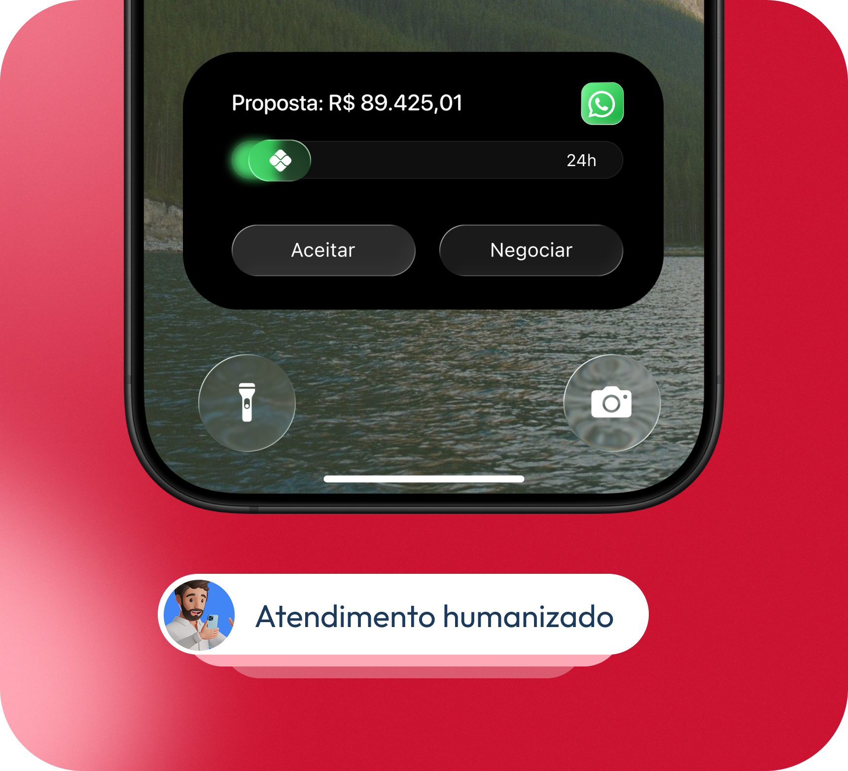 Tela de celular exibindo proposta de R$ 89.425,01 com botões "Aceitar" e "Negociar" e ícone de atendimento humanizado.