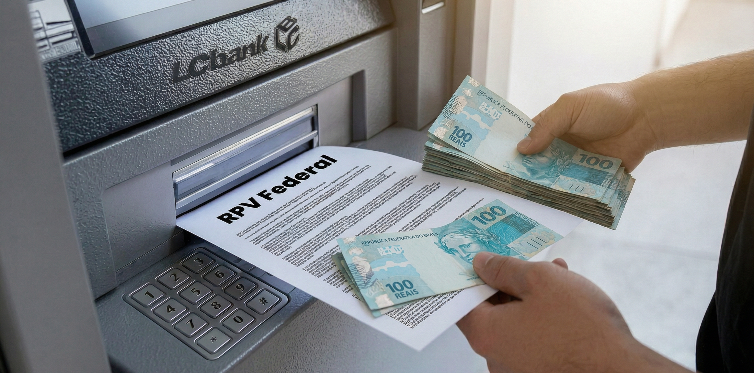 Mãos retirando dinheiro e RPV Federal de caixa eletrônico TRF 2