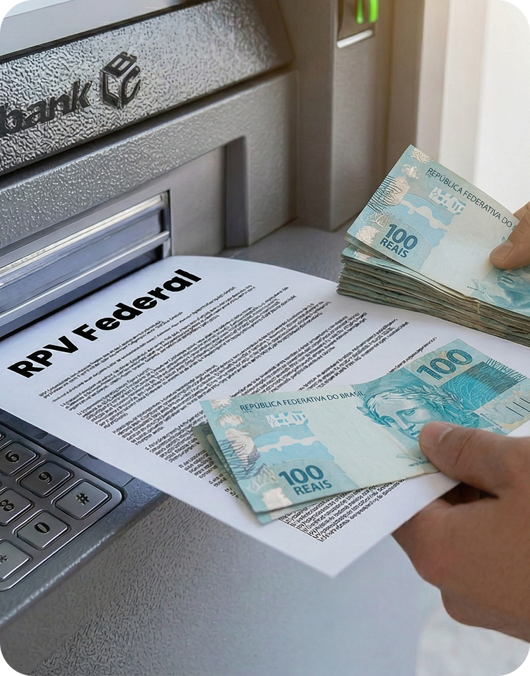 RPV Federal com notas de 100 reais sendo retiradas em caixa eletrônico