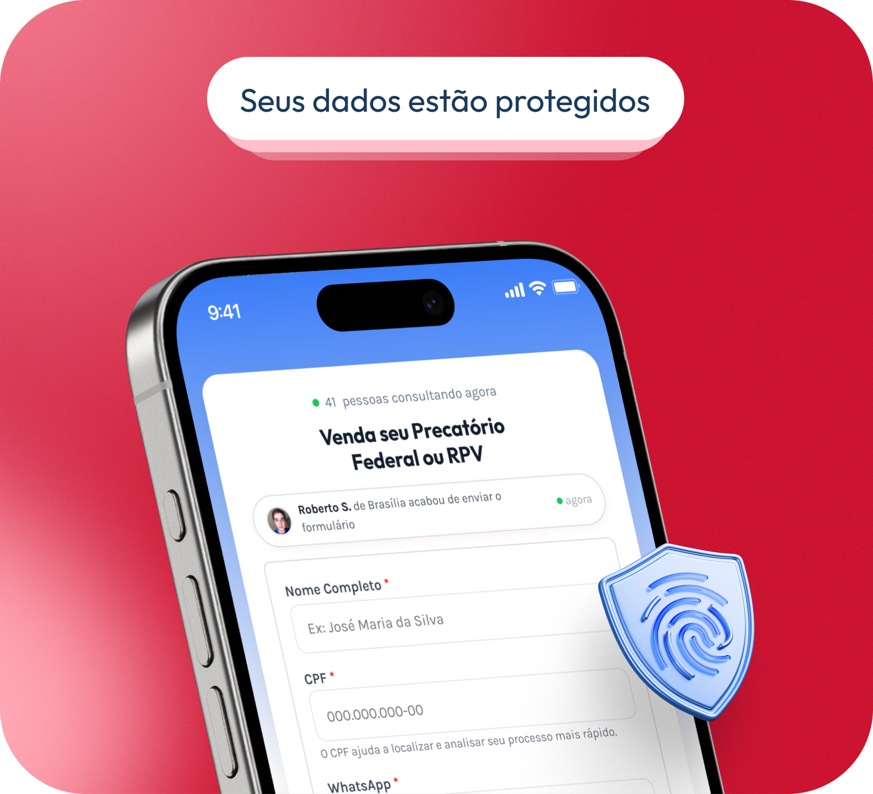 Tela de celular exibindo formulário de dados pessoais com ícone de segurança.