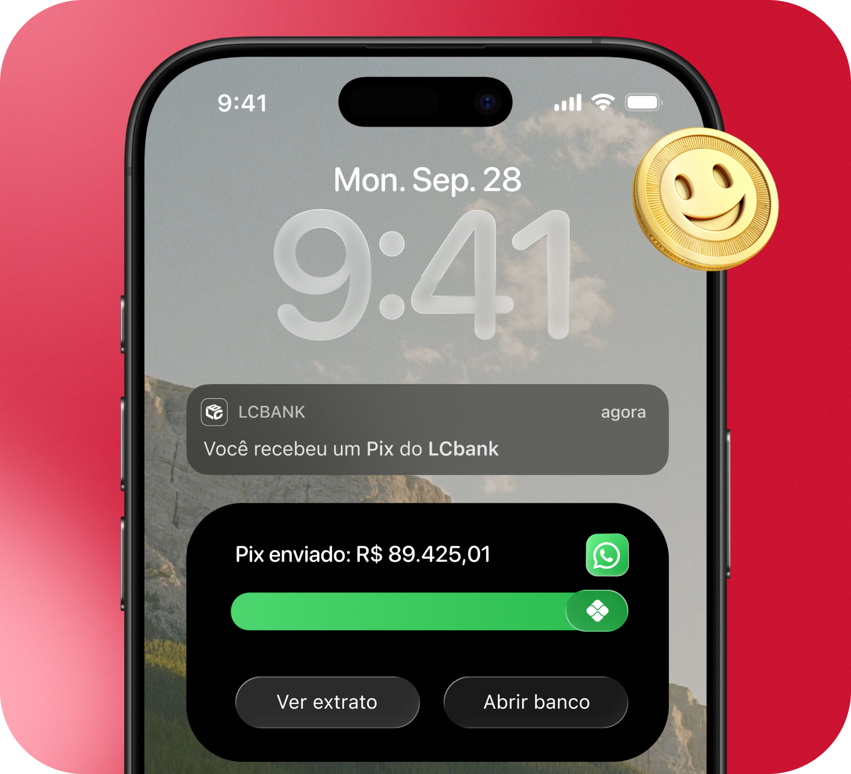Tela de celular com notificação de Pix e saldo de R$ 89.425,01
